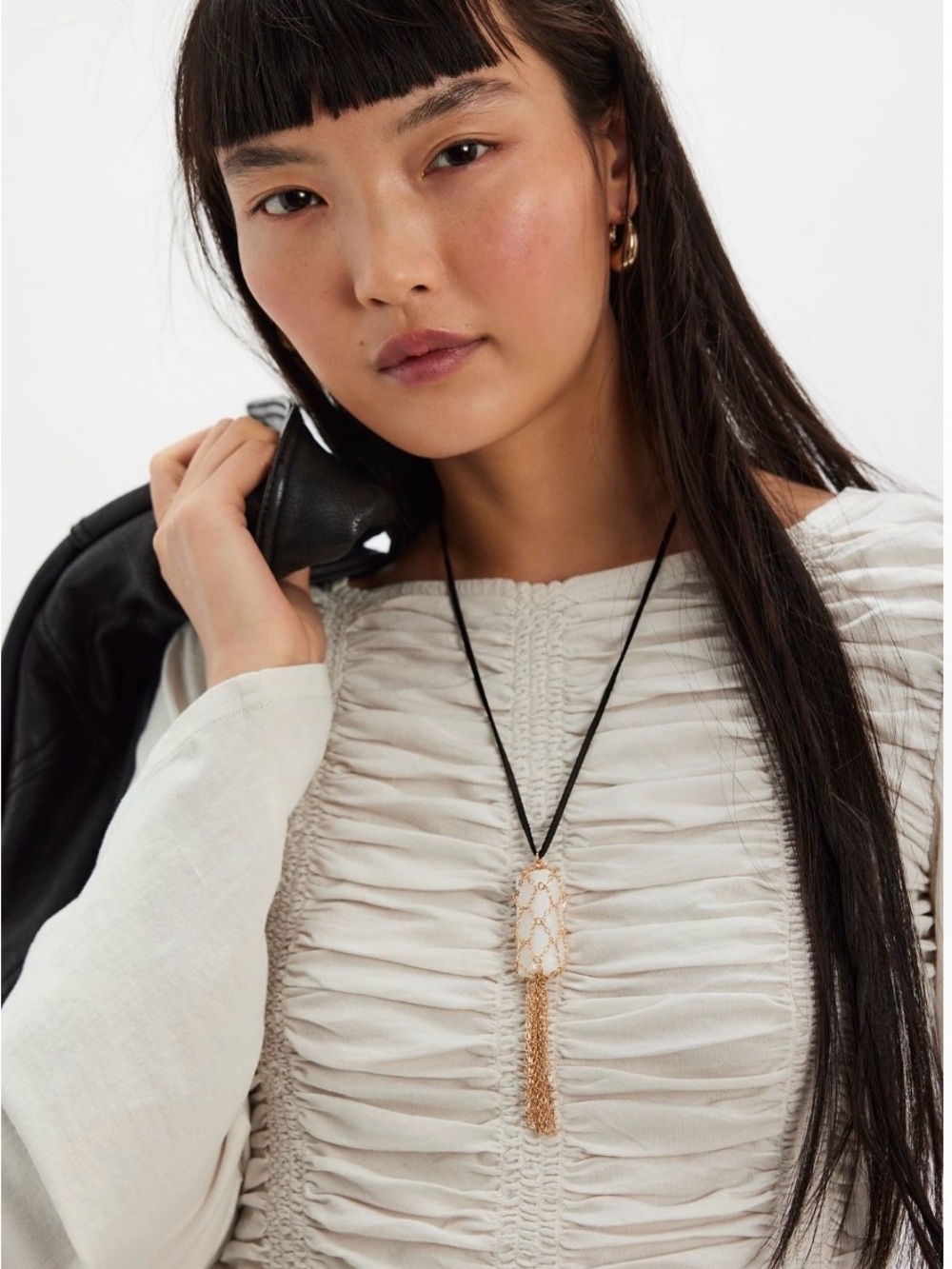 Free People Gold Tassel Pendant Necklace with Black Cord -semiprecious stone nwt